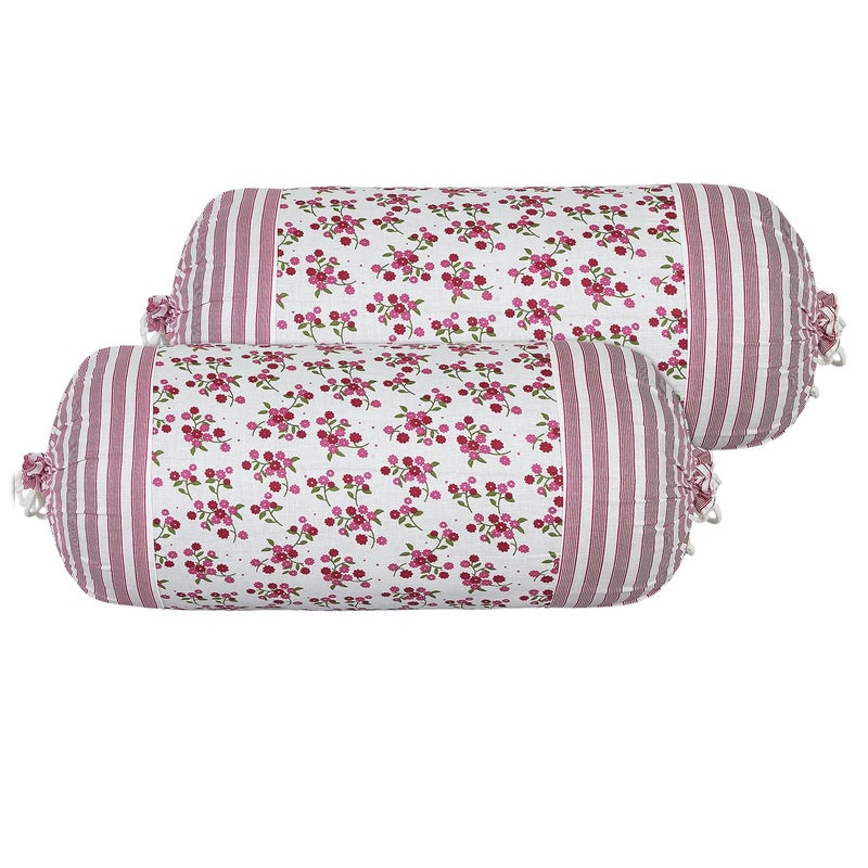 Kuber Industries Kuber Industries Bolster Covers Cotton Bolster Cover Set Diwan Bolster Cover Set Pink Flower Masand Cover 16x32 Inch Pack of 2 White - Image 1