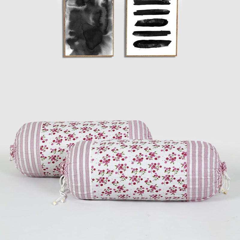 Kuber Industries Kuber Industries Bolster Covers Cotton Bolster Cover Set Diwan Bolster Cover Set Pink Flower Masand Cover 16x32 Inch Pack of 2 White - Image 2