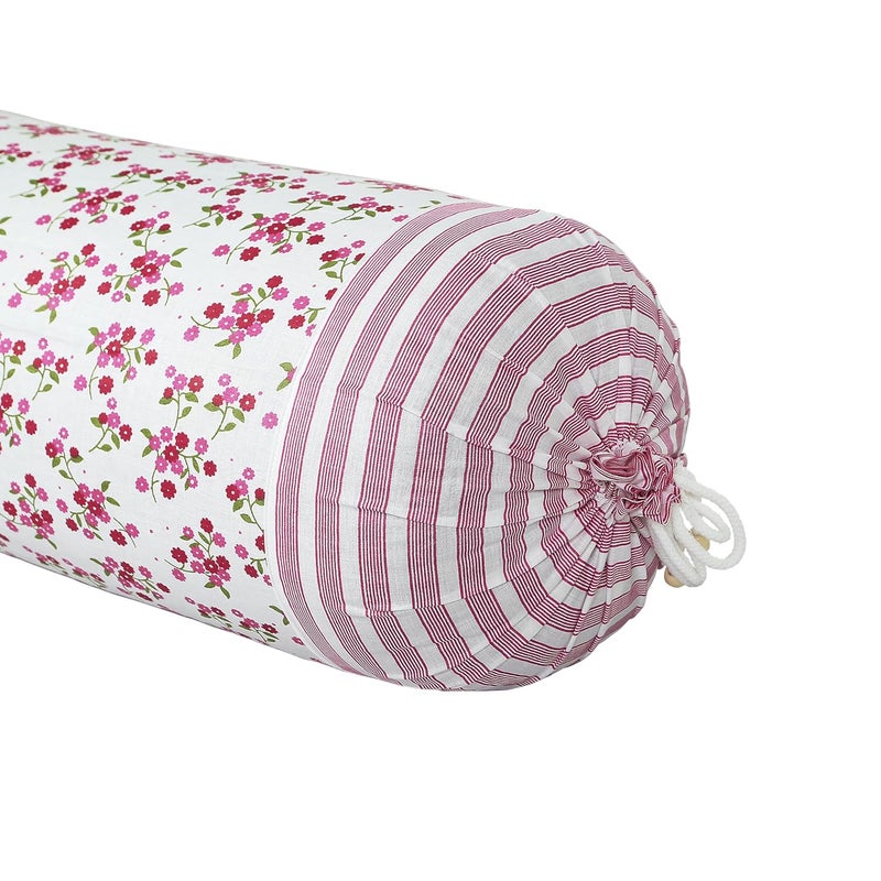 Kuber Industries Kuber Industries Bolster Covers Cotton Bolster Cover Set Diwan Bolster Cover Set Pink Flower Masand Cover 16x32 Inch Pack of 2 White - Image 5