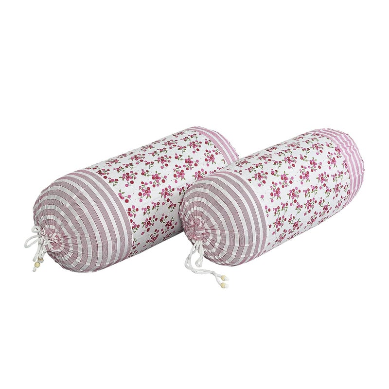 Kuber Industries Kuber Industries Bolster Covers Cotton Bolster Cover Set Diwan Bolster Cover Set Pink Flower Masand Cover 16x32 Inch Pack of 2 White - Image 4