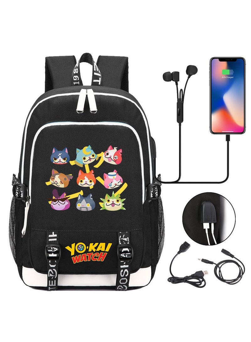 Anime Youth Primary and Secondary School Student backpack USB men's and women's leisure backpack with large capacity, black