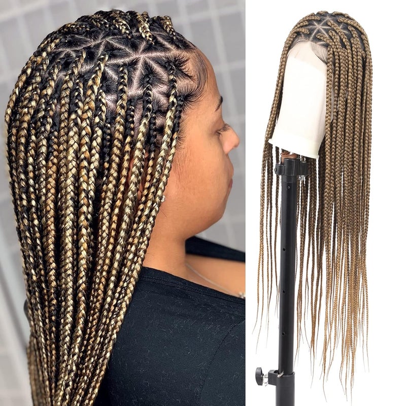 Lexqui 36 Braided Wigs for Black Women Triangle Knotless Braided Lace Front Wigs Box Braid Wig Full Double Lace Front Braided Wig with Baby Hair Light Brown Human Hair Blended