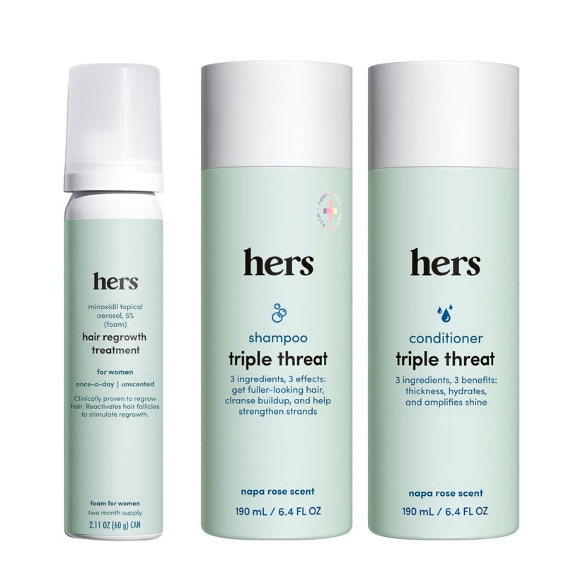 HIMS & HERS مجموعة هيرس ثلاثية التهديد: شامبو وبلسم وعلاج مينوكسيديل - علاج تساقط الشعر للنساء - يشمل علاج مينوكسيديل الرغوي 5%، شامبو وبلسم لتكثيف الشعر آمن على اللون - 3 قطع - Image 1