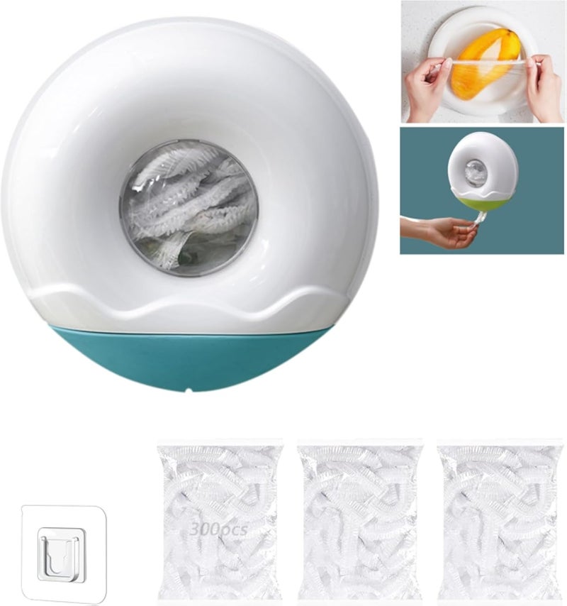 صندوق تخزين لغلاف الطعام البلاستيكي مع 300 كيس بلاستيكي للطعام، غلاف بلاستيكي مع شريط مطاطي، صندوق تخزين سيليكون، أغطية طعام مطاطية، صندوق غلاف بلاستيكي (أزرق)