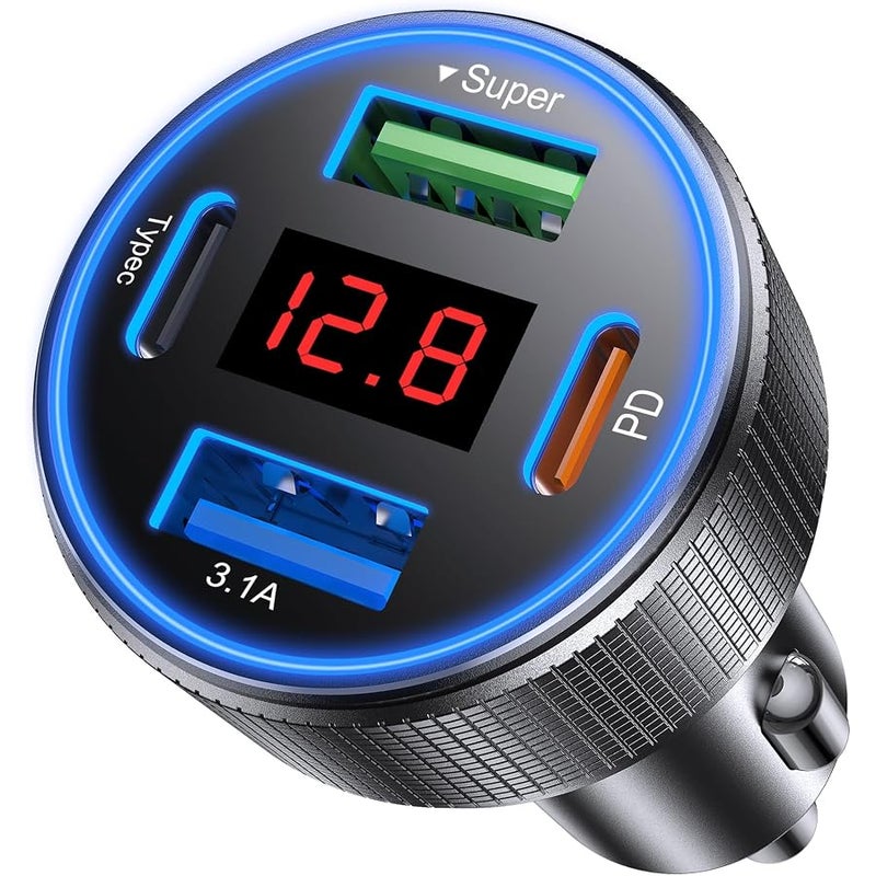 USB C Car Charger, 4 Port 78W Dual USB Car Charger Adapter Fast Charging Multi Port Cigarette Lighter Adapter with Voltmeter Type C Phone Car Accessories for iPhone 17/16/15/14, Samsung Galaxy, iPad - Image 1