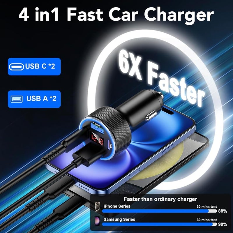 USB C Car Charger, 4 Port 78W Dual USB Car Charger Adapter Fast Charging Multi Port Cigarette Lighter Adapter with Voltmeter Type C Phone Car Accessories for iPhone 17/16/15/14, Samsung Galaxy, iPad - Image 4
