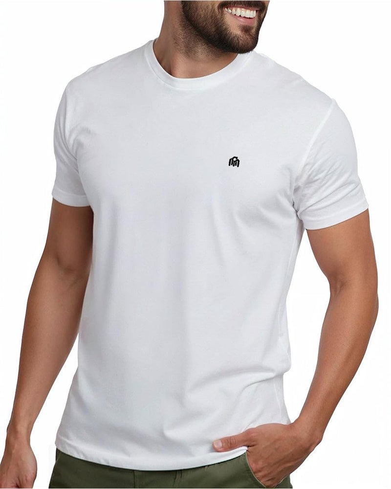 INTO THE AM Men's Logo Basic Tees - Fitted Essential Crewneck Blank T-Shirts Casual Gym Classic Short Sleeve True Fit Fashion Undershirts Tshirts for Guys (White, Medium)