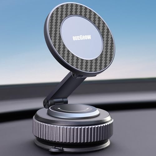 BEEGROW Magnetic Car Phone Holder for Magsafe Alloy 360 Folding Cell Car Phone Mount with Ultra Stable Suction Cup and Reusable Gel Dashboard Windshield Stand for iPhone 1712 Android Pixel Samsung - Image 1