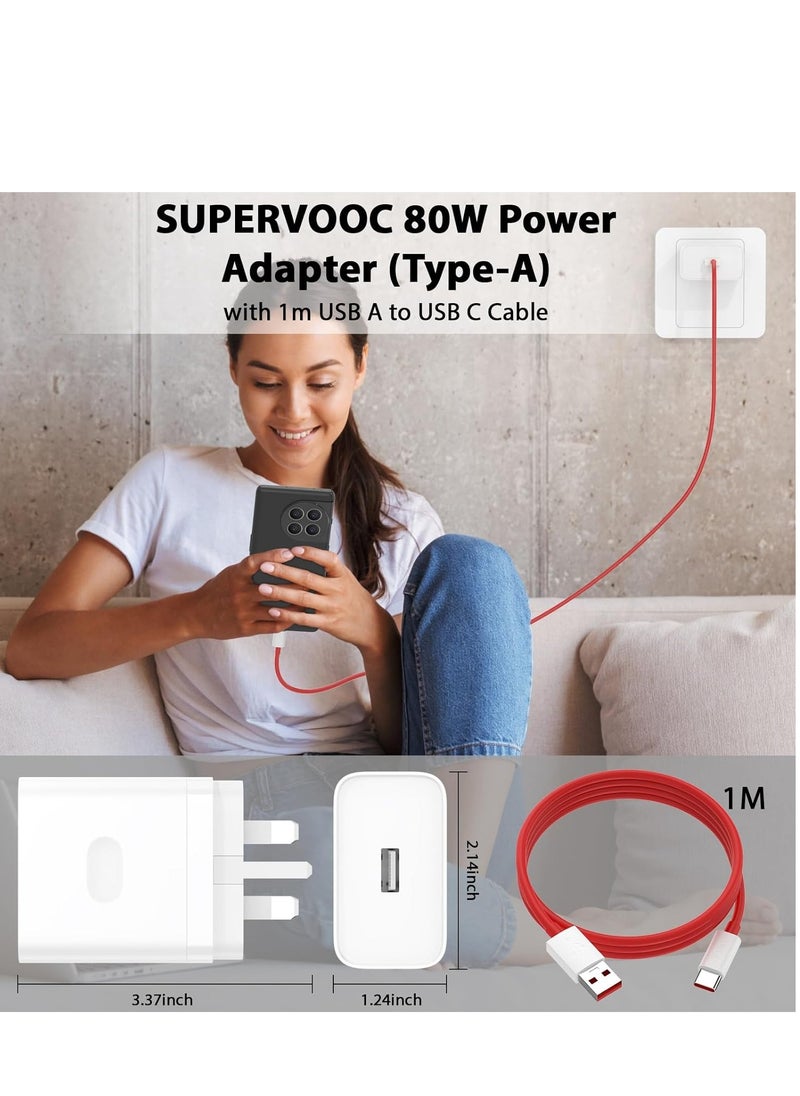 80W Power Adapter, Supervooc Charger USB Plug Charger Type A Wall Charger VOOC Fast Charger and 1m USB C Cable Compatible with Oppo Find X8 X7 X6 X5 X3 X2 Pro A80 A60 A40 Reno  13 12 Pro 12F 11F  A78 A58  A38 A89