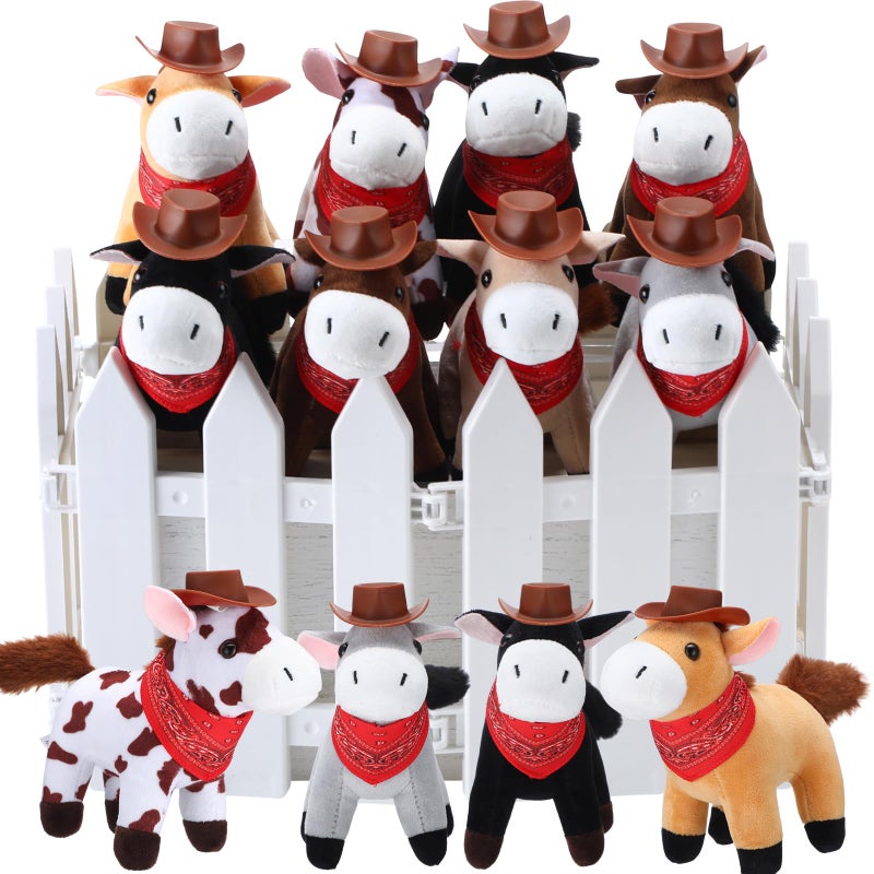 VercanMonth 42 Pcs Mini Stuffed Horses Animal 4 Inch Mini Plush Animal with Tiny Cowboy Hats and Bandana DIY Crafts for Dollhouse for Horse Year Adopt a Horse Theme First Rodeo Birthday PartyDark ColorElegant - Image 3