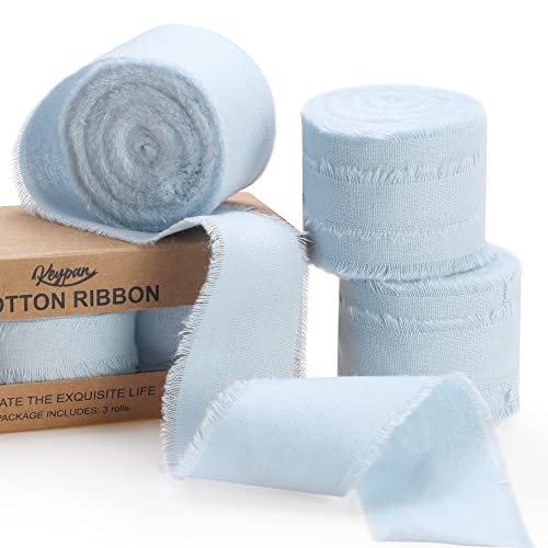 Keypan Blue Ribbon 1-1/2 x 15 Yards Handmade Cotton Frayed Fringe Fabric Ribbons for Crafts Flower Bouquets Wedding Baby Shower Home DIY Decor - Image 1