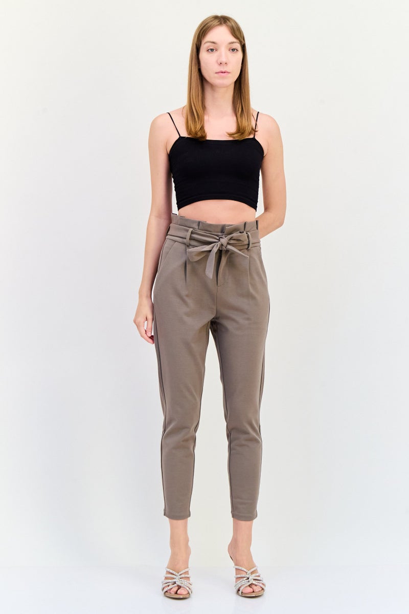 VERO MODA Women Regular Fit Solid Straight Leg 30 Inseam Belted Pants, Tan - Image 2