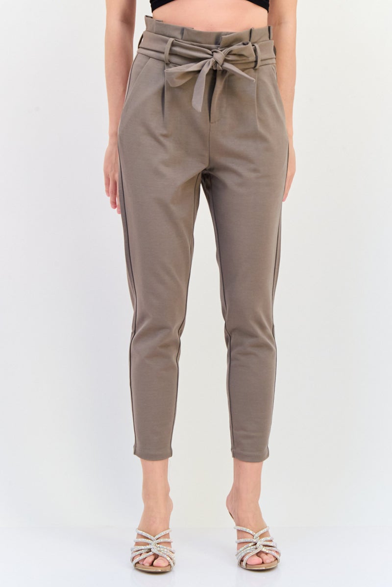 VERO MODA Women Regular Fit Solid Straight Leg 30 Inseam Belted Pants, Tan - Image 1