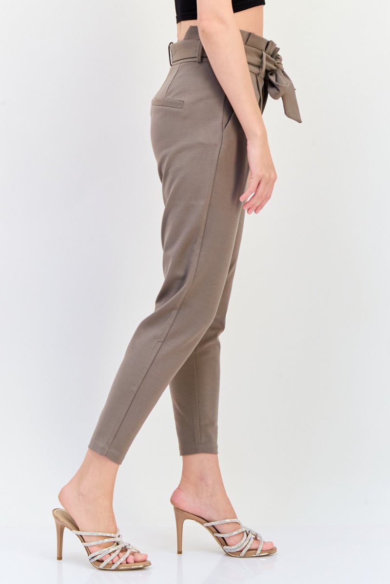 VERO MODA Women Regular Fit Solid Straight Leg 30 Inseam Belted Pants, Tan - Image 3