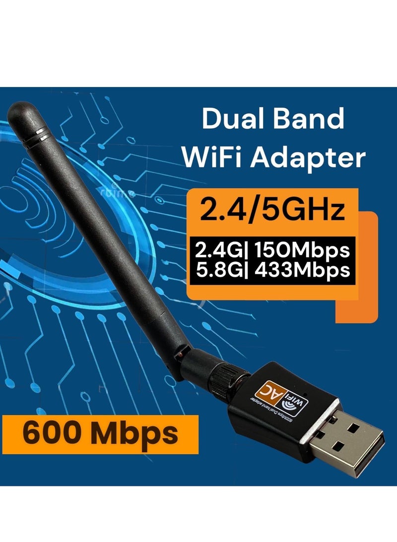 600Mbps Dual Band Internet USB WiFi Adapter for Desktop PC 2.4/5GHz, Laptop Wireless Receiver Network Dongle with Antenna - Image 2