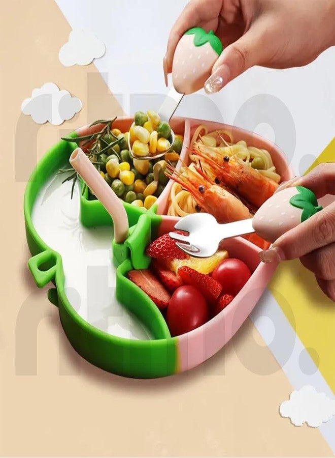 Ritmo طقم أدوات مائدة سيليكون للأطفال من ريتومو، يتضمن أطباقًا وشوكة وملعقة، بالإضافة إلى أدوات مائدة مخصصة لإطعام الأطفال الصغار (لون وردي فراولة). - Image 5