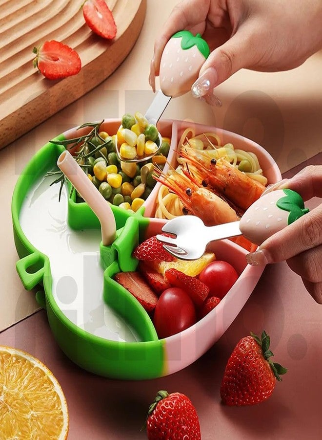 Ritmo طقم أدوات مائدة سيليكون للأطفال من ريتومو، يتضمن أطباقًا وشوكة وملعقة، بالإضافة إلى أدوات مائدة مخصصة لإطعام الأطفال الصغار (لون وردي فراولة). - Image 2