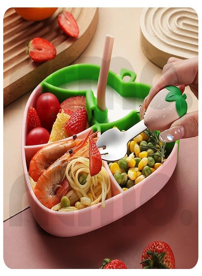 Ritmo طقم أدوات مائدة سيليكون للأطفال من ريتومو، يتضمن أطباقًا وشوكة وملعقة، بالإضافة إلى أدوات مائدة مخصصة لإطعام الأطفال الصغار (لون وردي فراولة). - Image 3