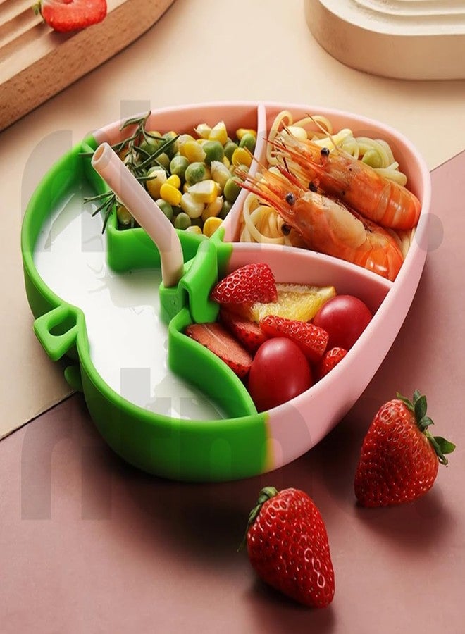 Ritmo طقم أدوات مائدة سيليكون للأطفال من ريتومو، يتضمن أطباقًا وشوكة وملعقة، بالإضافة إلى أدوات مائدة مخصصة لإطعام الأطفال الصغار (لون وردي فراولة). - Image 1