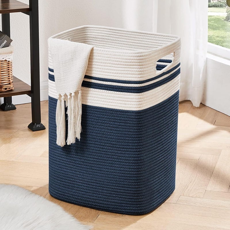 OIAHOMY Laundry Hamper-Laundry Basket,Tall Cotton Storage Basket with Handles,Decorative Blanket Baskets for Living room,Collapsible Large Baskets for Toys,Pillows,Clothes-16x13x22in-Blue - Image 1