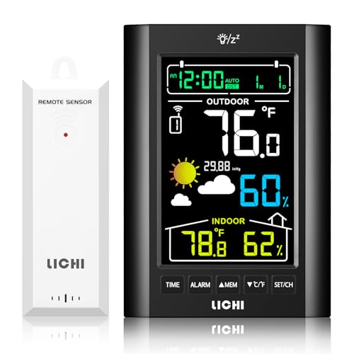 Lichi Weather Station Wireless Indoor Outdoor Thermometer Inside Outside Temperature Humidity Monitorwith 330ft Range Sensor and Adjustable Backlight Black - Image 1
