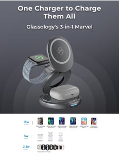 glassology 3 in 1 Wireless Charger, 360 Magnetic Fast Wireless Charging Pad, Compatible with iPhone 15/14/13/12/SE/11, Apple Watch, Earbuds Grey  - Image 3