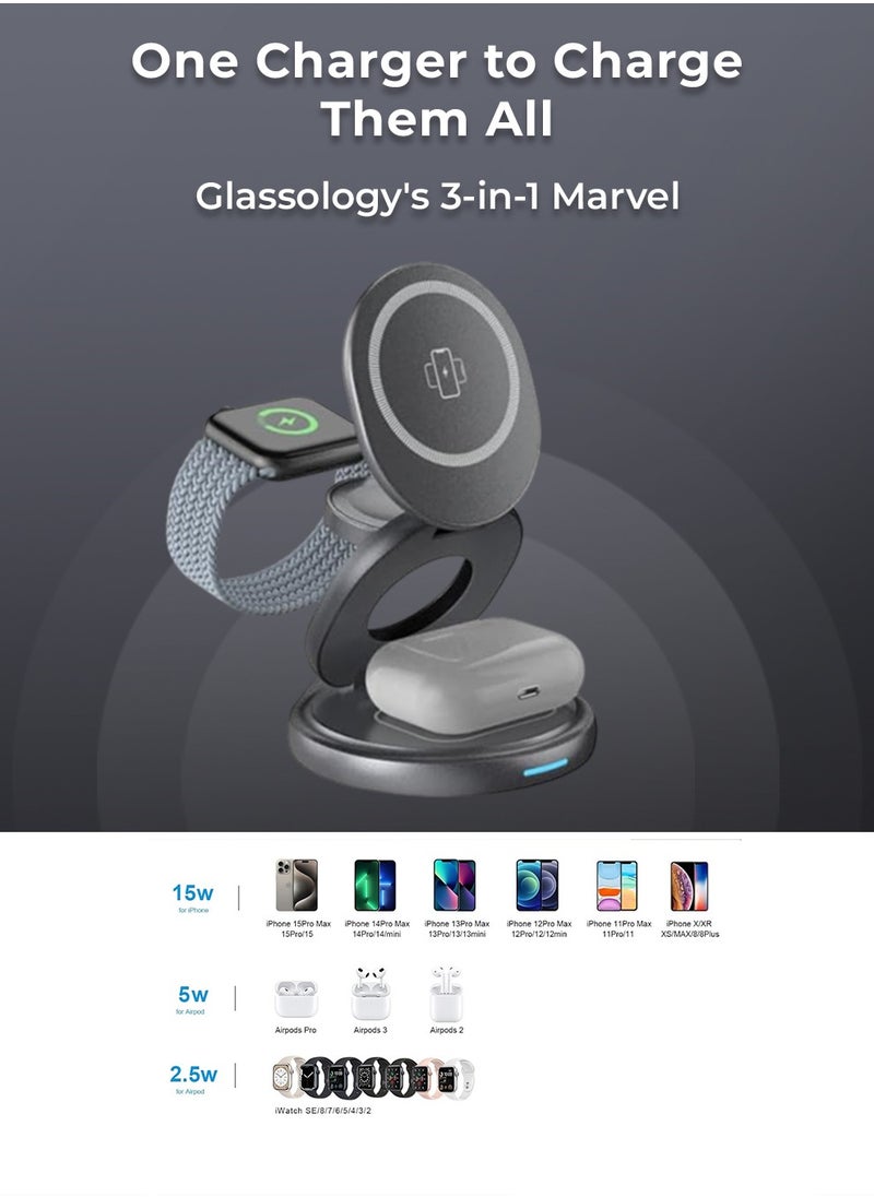 glassology - 3 in 1 Wireless Charger, 360 Magnetic Fast Wireless Charging Pad, Compatible with iPhone 15/14/13/12/SE/11, Apple Watch, Earbuds Grey - Image 1