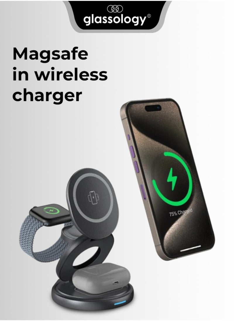 glassology - 3 in 1 Wireless Charger, 360 Magnetic Fast Wireless Charging Pad, Compatible with iPhone 15/14/13/12/SE/11, Apple Watch, Earbuds Grey - Image 1