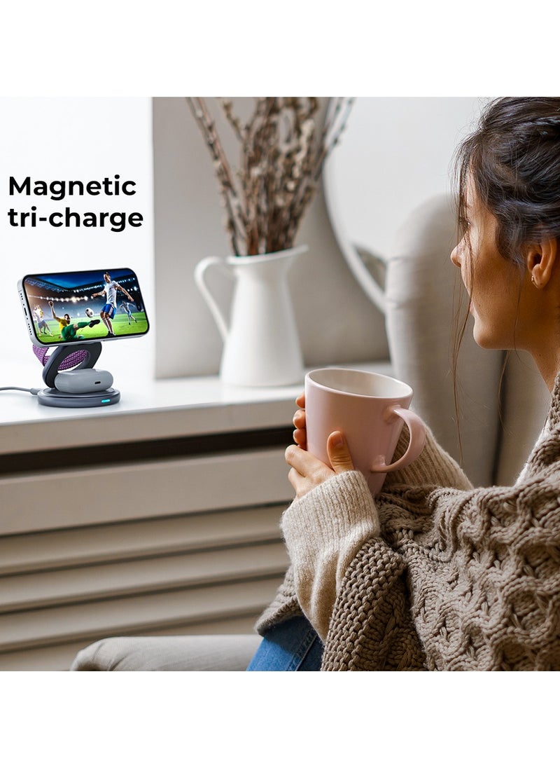 glassology - 3 in 1 Wireless Charger, 360 Magnetic Fast Wireless Charging Pad, Compatible with iPhone 15/14/13/12/SE/11, Apple Watch, Earbuds Grey - Image 1