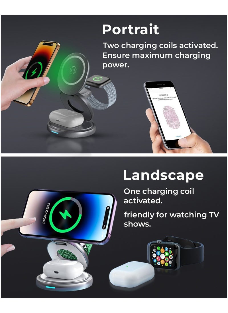 glassology - 3 in 1 Wireless Charger, 360 Magnetic Fast Wireless Charging Pad, Compatible with iPhone 15/14/13/12/SE/11, Apple Watch, Earbuds Grey - Image 1