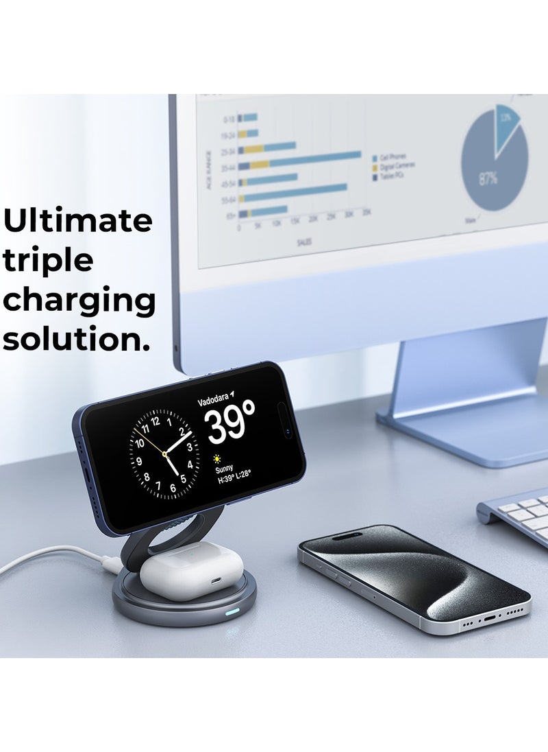 glassology - 3 in 1 Wireless Charger, 360 Magnetic Fast Wireless Charging Pad, Compatible with iPhone 15/14/13/12/SE/11, Apple Watch, Earbuds Grey - Image 1