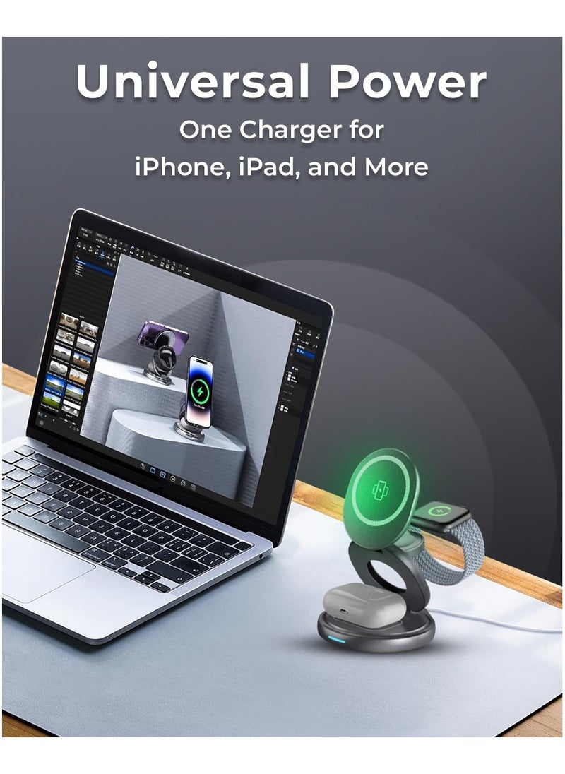 glassology - 3 in 1 Wireless Charger, 360 Magnetic Fast Wireless Charging Pad, Compatible with iPhone 15/14/13/12/SE/11, Apple Watch, Earbuds Grey - Image 1