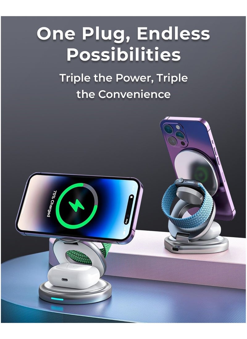 glassology - 3 in 1 Wireless Charger, 360 Magnetic Fast Wireless Charging Pad, Compatible with iPhone 15/14/13/12/SE/11, Apple Watch, Earbuds Grey - Image 1