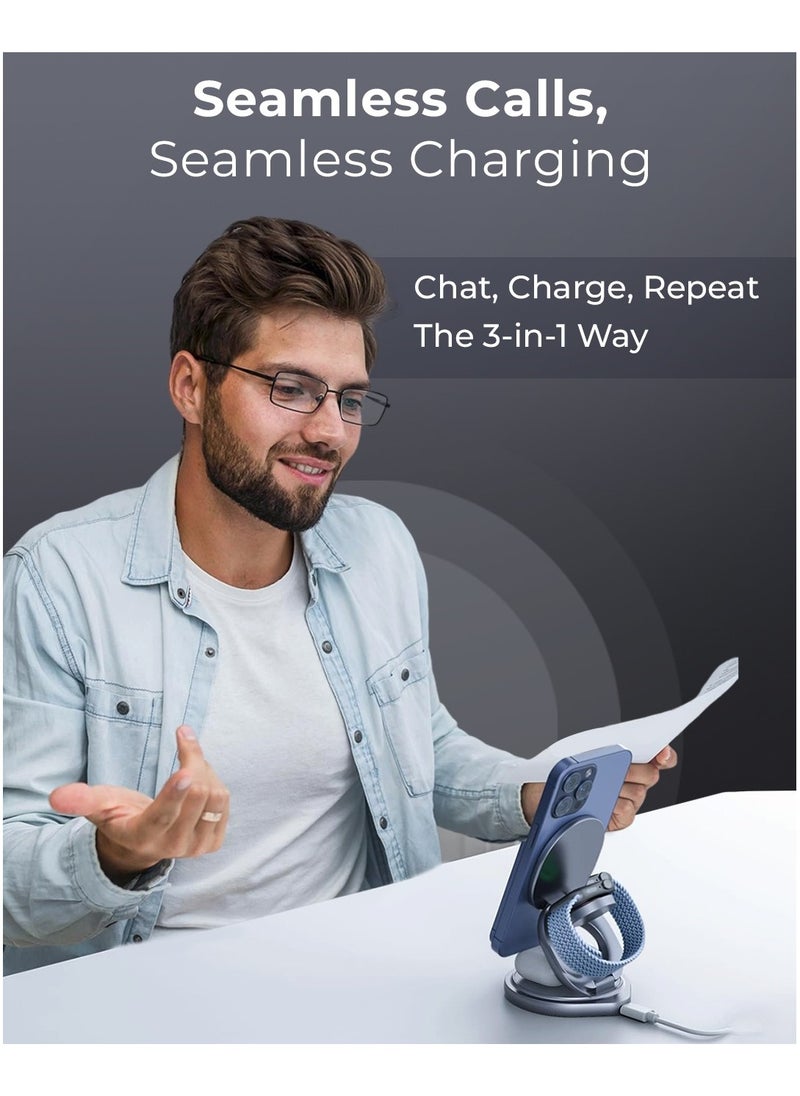 glassology - 3 in 1 Wireless Charger, 360 Magnetic Fast Wireless Charging Pad, Compatible with iPhone 15/14/13/12/SE/11, Apple Watch, Earbuds Grey - Image 1