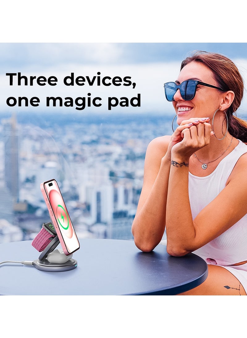 glassology - 3 in 1 Wireless Charger, 360 Magnetic Fast Wireless Charging Pad, Compatible with iPhone 15/14/13/12/SE/11, Apple Watch, Earbuds Grey - Image 1
