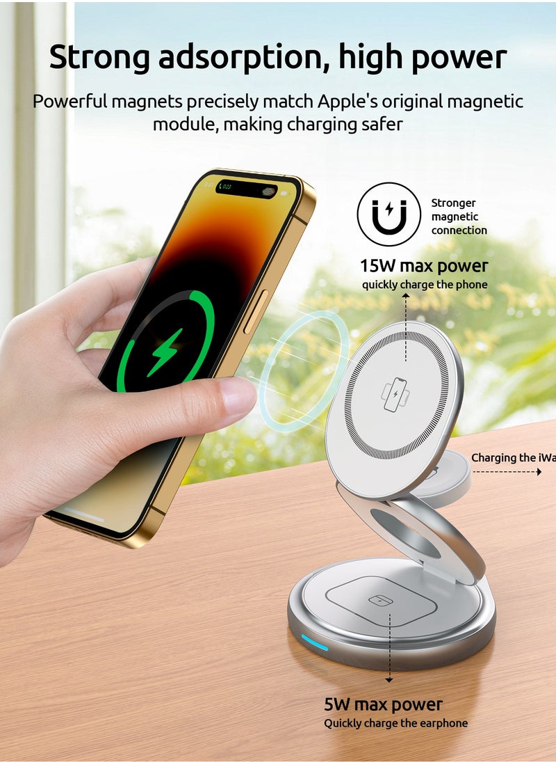 glassology - 3 in 1 Wireless Charger, 360 Magnetic Fast Wireless Charging Pad, Compatible with iPhone 15/14/13/12/SE/11, Apple Watch, Earbuds Grey - Image 1