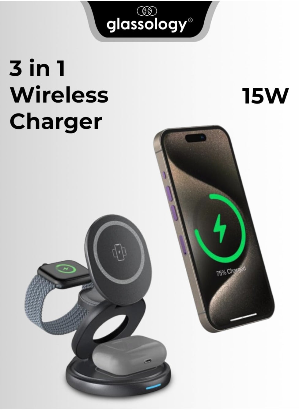 glassology 15W 3 in 1 Wireless Charger, 360 Magnetic Fast Wireless Charging Pad, Compatible with iPhone 15/14/13/12/SE/11, Apple Watch, Earbuds (Adapter NOT Included) Grey 