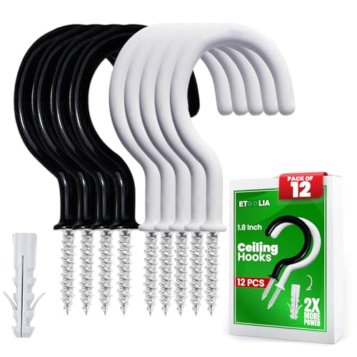 Etoolia 12 Pcs Ceiling Hooks for Hanging Plants, Cups, Utensils and Christmas String Lights, 1-1/4 inch Vinyl Coated Screw-in Plant and Cup Hooks for Wooden and Drywall with Anchors - White & Black - Image 1