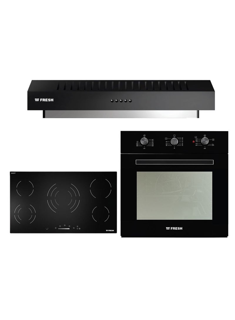 Fresh Set of Fresh Built-in Electric Hob, 80 cm, 5 Burners, Black - 9862, Built-in Gas and Electric Oven with Grill, 56 L, Black - GEOFR60CMB, with Built-in Hood, 90 cm, Black - Classic 90 - BL - Image 1
