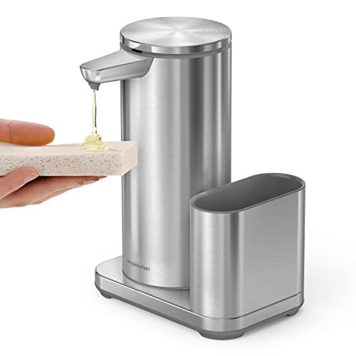 simplehuman Liquid Sensor Pump with Caddy, 14 oz Automatic Soap Dispenser for Kitchen Sink, Motion Sensor, Variable Dispense, Battery Powered, Integrated Sponge Holder, Brushed Stainless Steel - Image 2
