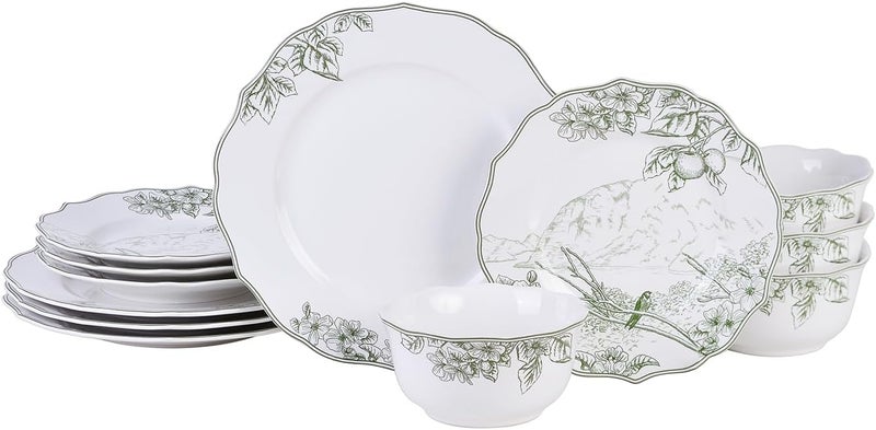 222 Fifth Hudson Valley 12Piece Porcelain Dinnerware Set  Service for 4 Plate  Bowl Set White with Green Floral and Fauna Traditional Design for Daily Dining Microwave  Dishwasher Safe - Image 1