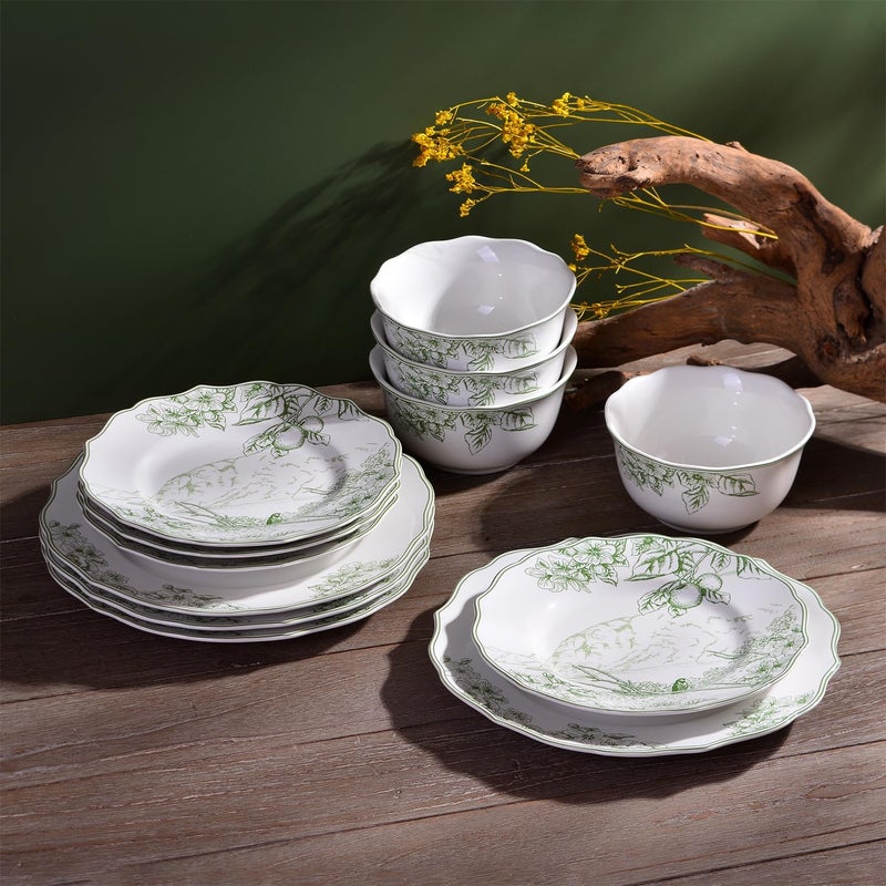222 Fifth Hudson Valley 12Piece Porcelain Dinnerware Set  Service for 4 Plate  Bowl Set White with Green Floral and Fauna Traditional Design for Daily Dining Microwave  Dishwasher Safe - Image 2