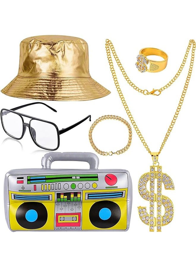80s/90s Hip Hop Costume Kit, 6 Pack 80s 90s Party Supplies Inflatable Radio Box, Sunglasses, Gold Bracelet, Dollar Sign Necklace, Dollar Sign Ring, Hat for Party  - Image 1