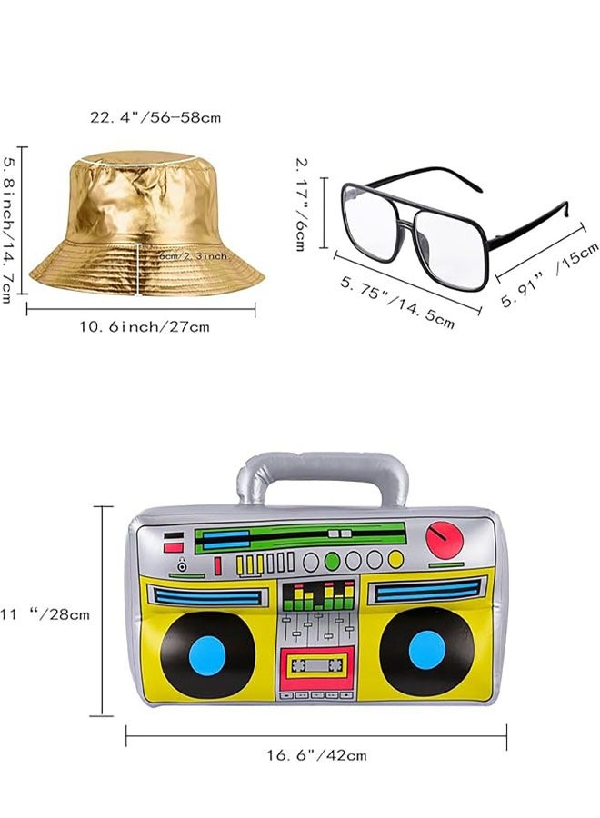 80s/90s Hip Hop Costume Kit, 6 Pack 80s 90s Party Supplies Inflatable Radio Box, Sunglasses, Gold Bracelet, Dollar Sign Necklace, Dollar Sign Ring, Hat for Party  - Image 2