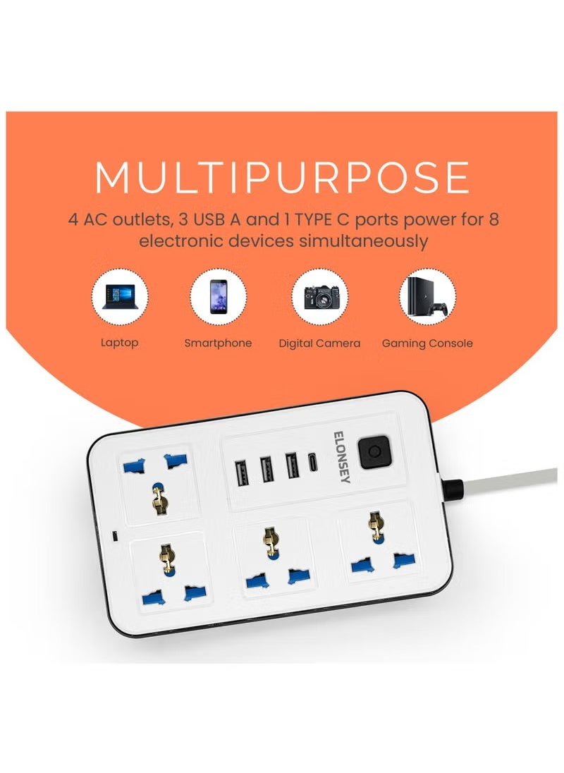 ماركة غير محددة سلك تمديد طاقة عالمي مزود بـ 4 مقابس طاقة و3 فتحات USB وشريط طاقة رباعي الاتجاهات مع فتحات شحن USB C PD ,توصيلة كهرباء 3 مخارج و 4 منافذ يوايس بى 3 متر - أبيض  - Image 4