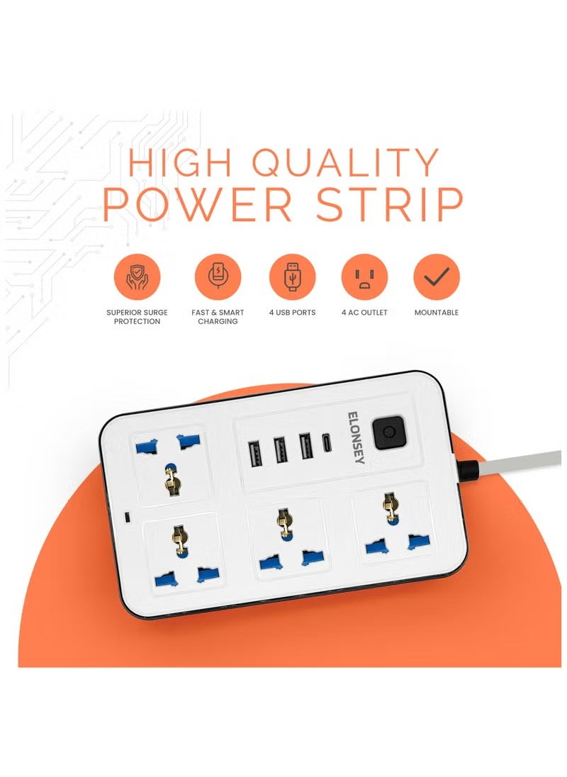 ماركة غير محددة سلك تمديد طاقة عالمي مزود بـ 4 مقابس طاقة و3 فتحات USB وشريط طاقة رباعي الاتجاهات مع فتحات شحن USB C PD ,توصيلة كهرباء 3 مخارج و 4 منافذ يوايس بى 3 متر - أبيض  - Image 2