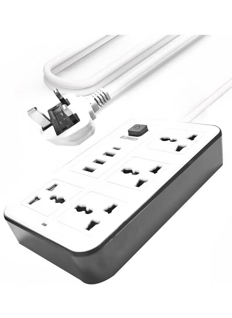 ماركة غير محددة سلك تمديد طاقة عالمي مزود بـ 4 مقابس طاقة و3 فتحات USB وشريط طاقة رباعي الاتجاهات مع فتحات شحن USB C PD ,توصيلة كهرباء 3 مخارج و 4 منافذ يوايس بى 3 متر - أبيض  - Image 1