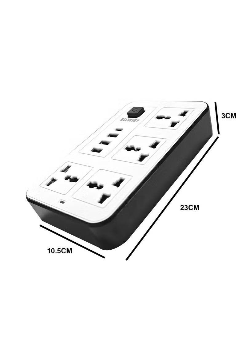 سلك تمديد طاقة عالمي مزود بـ 4 مقابس طاقة و3 فتحات USB وشريط طاقة رباعي الاتجاهات مع فتحات شحن USB C PD ,توصيلة كهرباء 3 مخارج و 4 منافذ يوايس بى 3 متر - أبيض