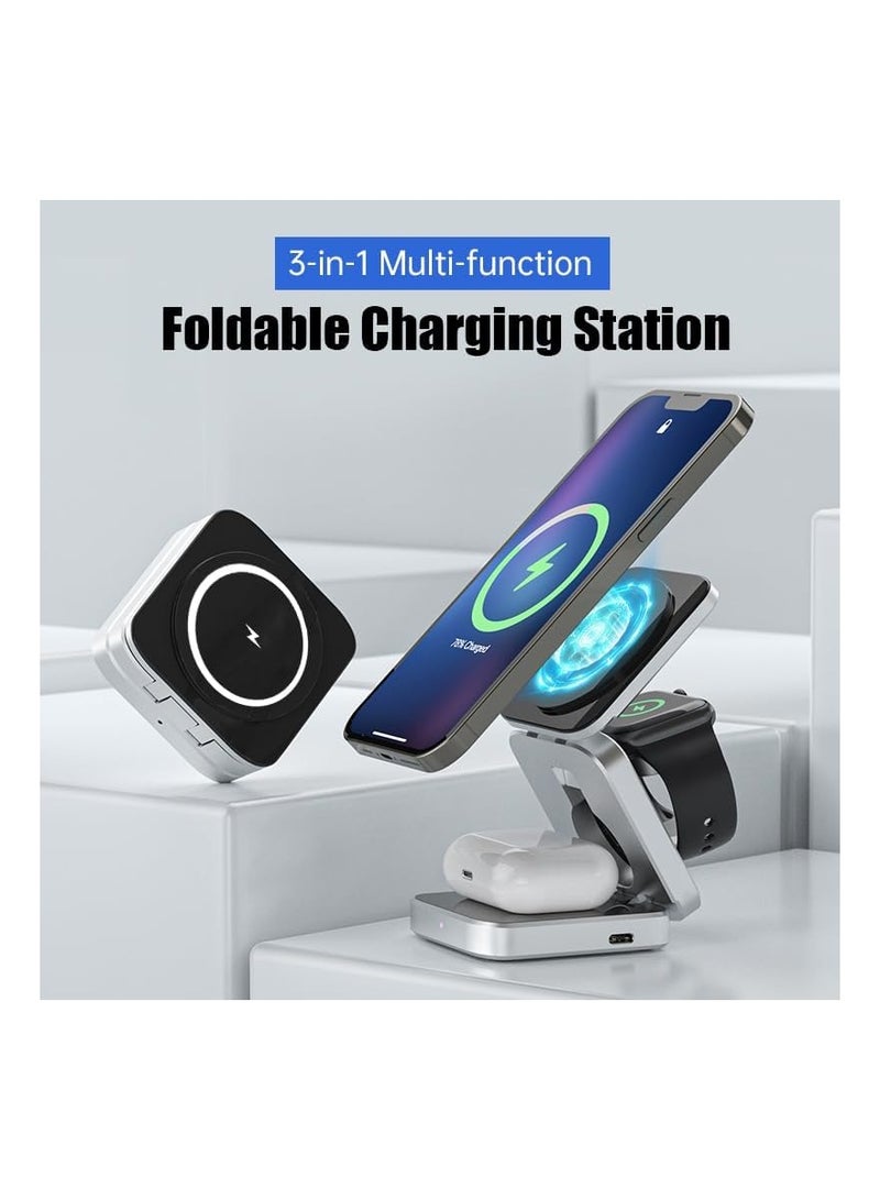 SYOSI 3 in 1 Wireless Fast Charging Station, Mini 15W Fast Charging Station 3 in 1 Foldable Charger for iPhone 14/13/12/11 Pro Max/Mini, Magnetic Charging Stand for iWatch Ultra/8/7/6/SE/5/4, AirPods - Image 2