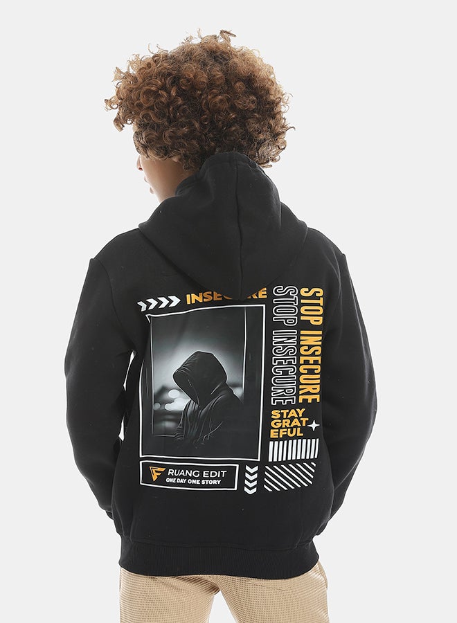 Andora Printed Long Sleeves Hooded With Drawstrings Hoodie - Black - Image 3